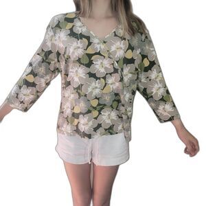 Ruby Rd Womens Size XL V Neck Floral Hibiscus Green Yellow White Top